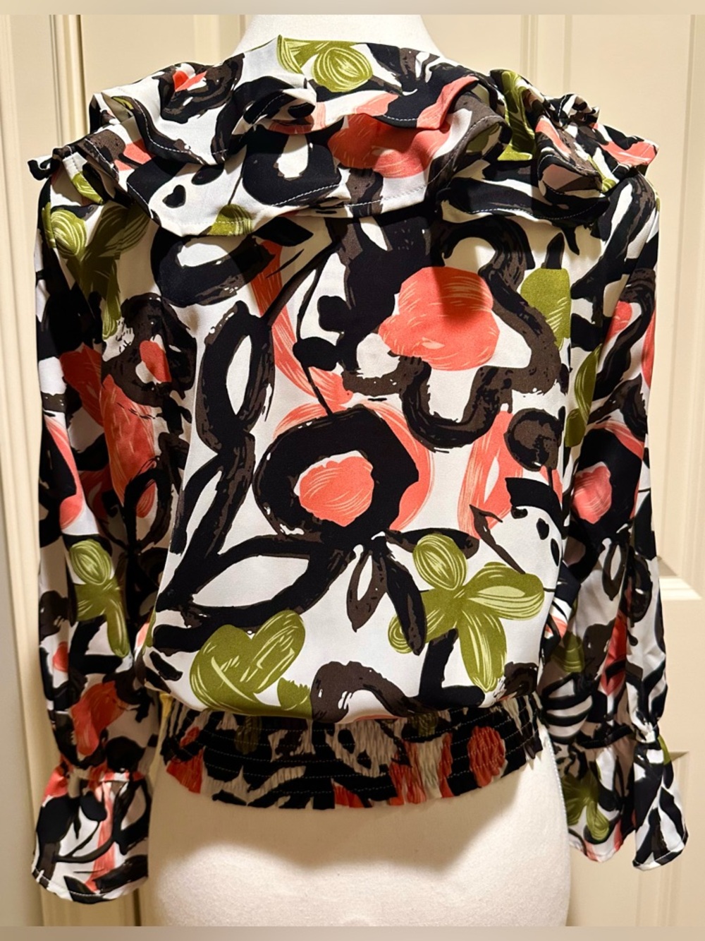 Gracia White Floral Zip-Front Ruffle Blouse with Coral, Black and Green Accents - Picture 5 of 9